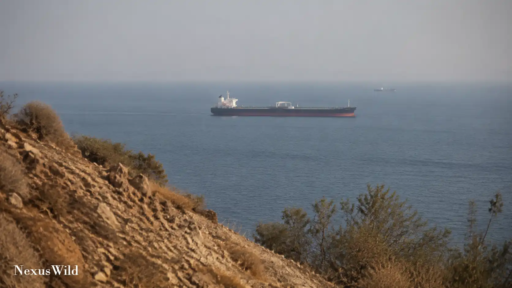 A view of a commercial vessel navigating through the Strait of Hormuz.