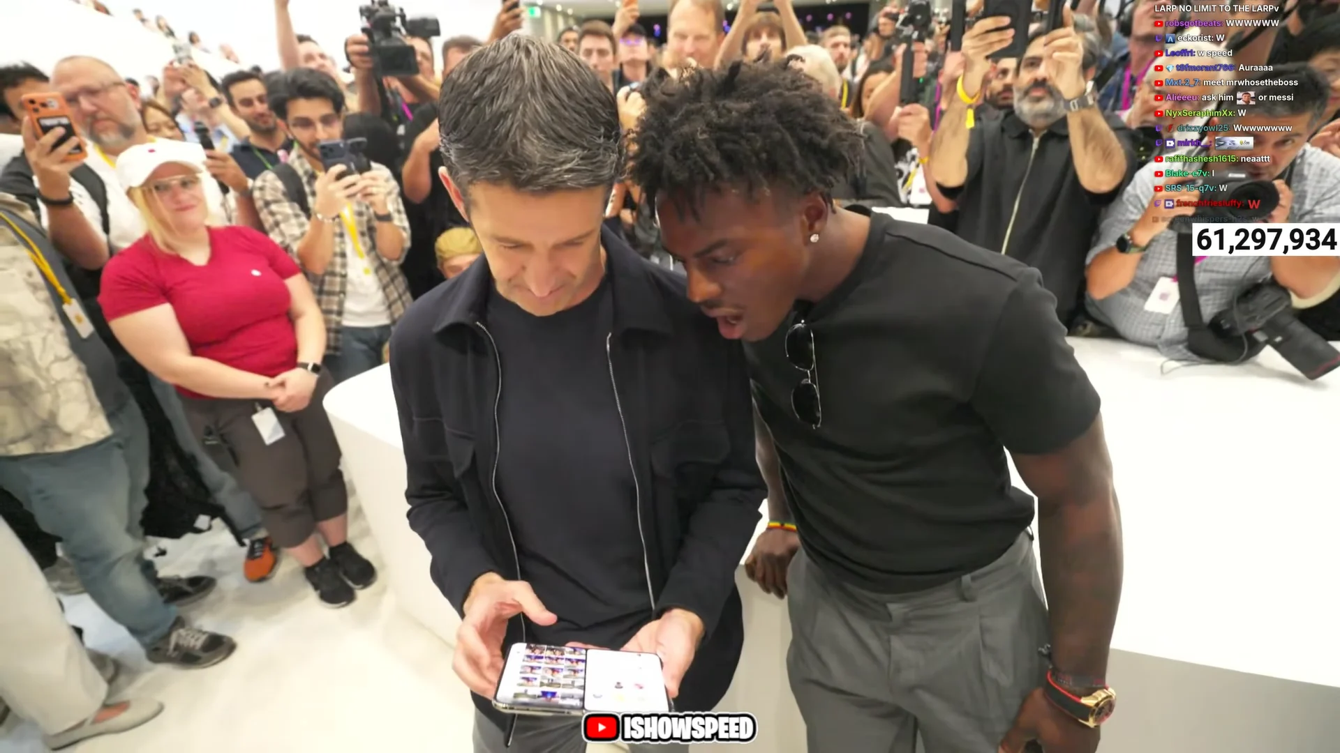 IShowSpeed with Apple CEO John Ternus during an iPhone Duo hands-on demonstration at Apple Park