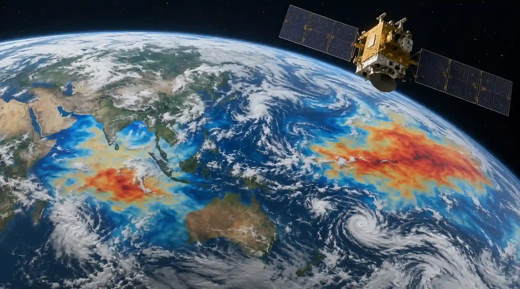 A satellite rendering showing ocean surface temperatures and thermal patterns across the Pacific.