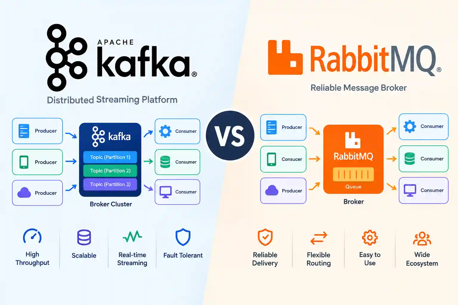 Technical visualization comparing Apache Kafka distributed event logs with RabbitMQ exchanges, queues and message routing