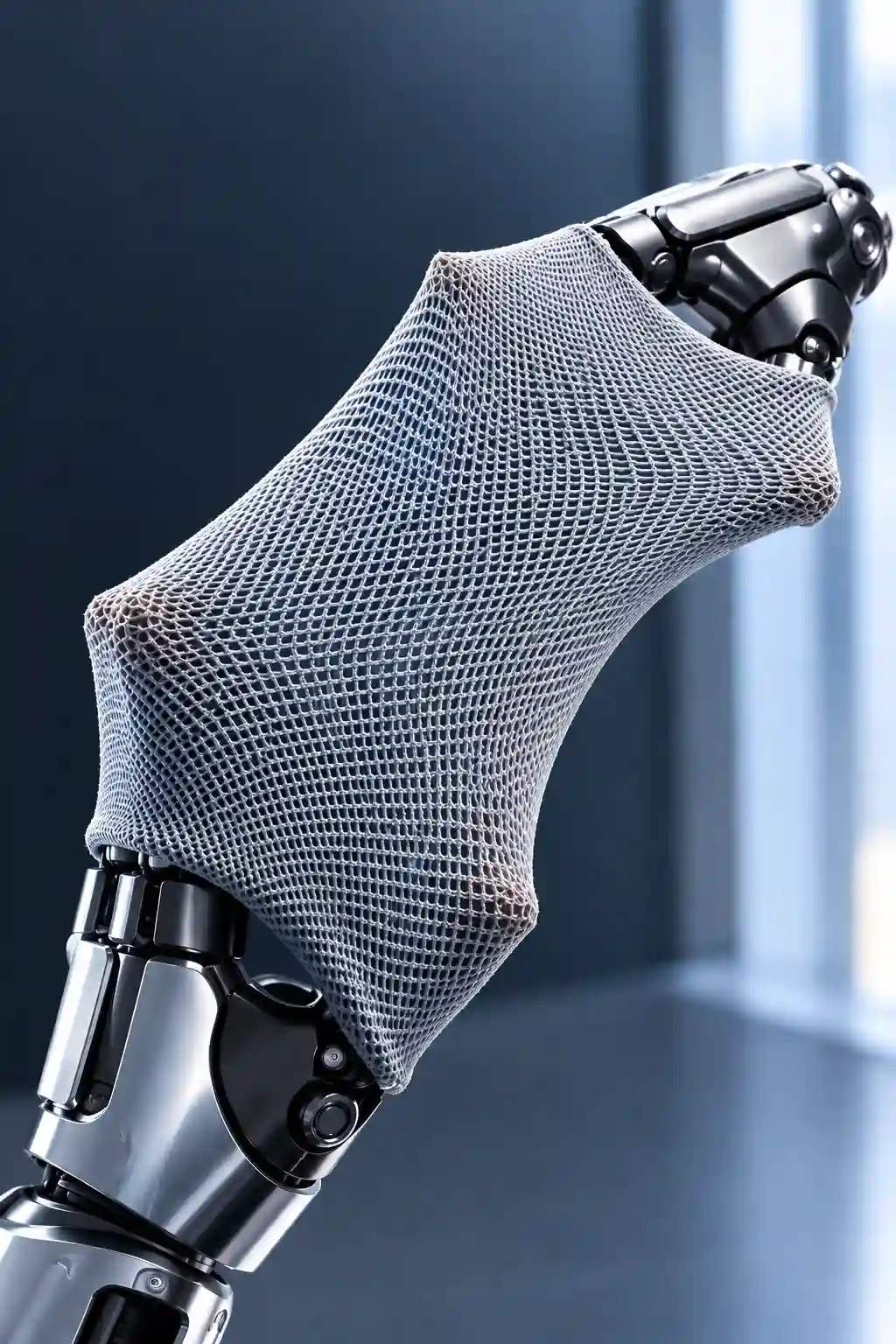 A conceptual rendering of a flexible, knitted fabric covering conforming to the mechanical joint of a humanoid robot.