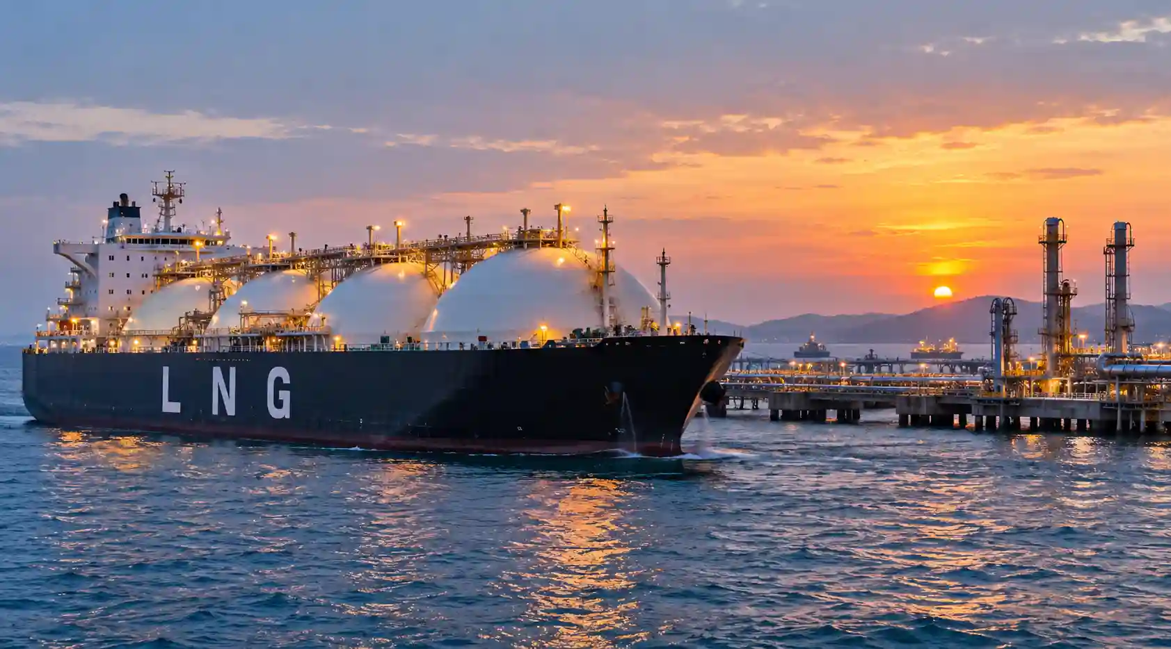 A large LNG tanker vessel navigating open waters near an offshore terminal.