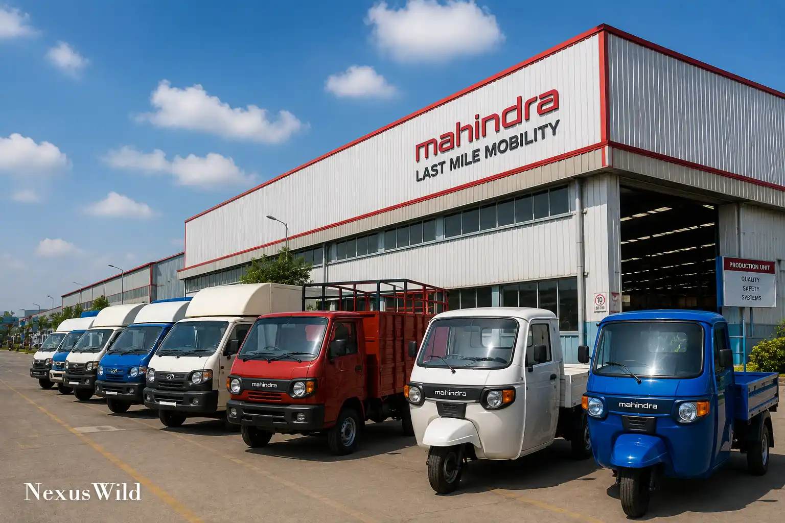 Electric commercial three-wheeler vehicles assembled on a modern factory manufacturing line.
