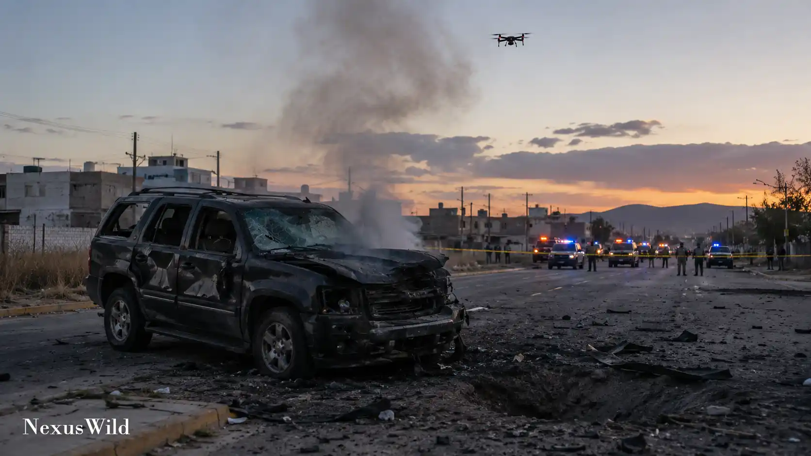 A municipal police station in Mexico damaged by a blast, with emergency personnel securing the perimeter.