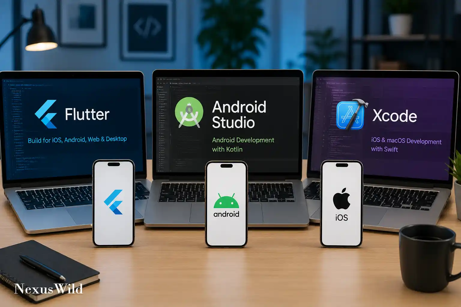 A developer coding on a dual-monitor setup showing mobile app interfaces.