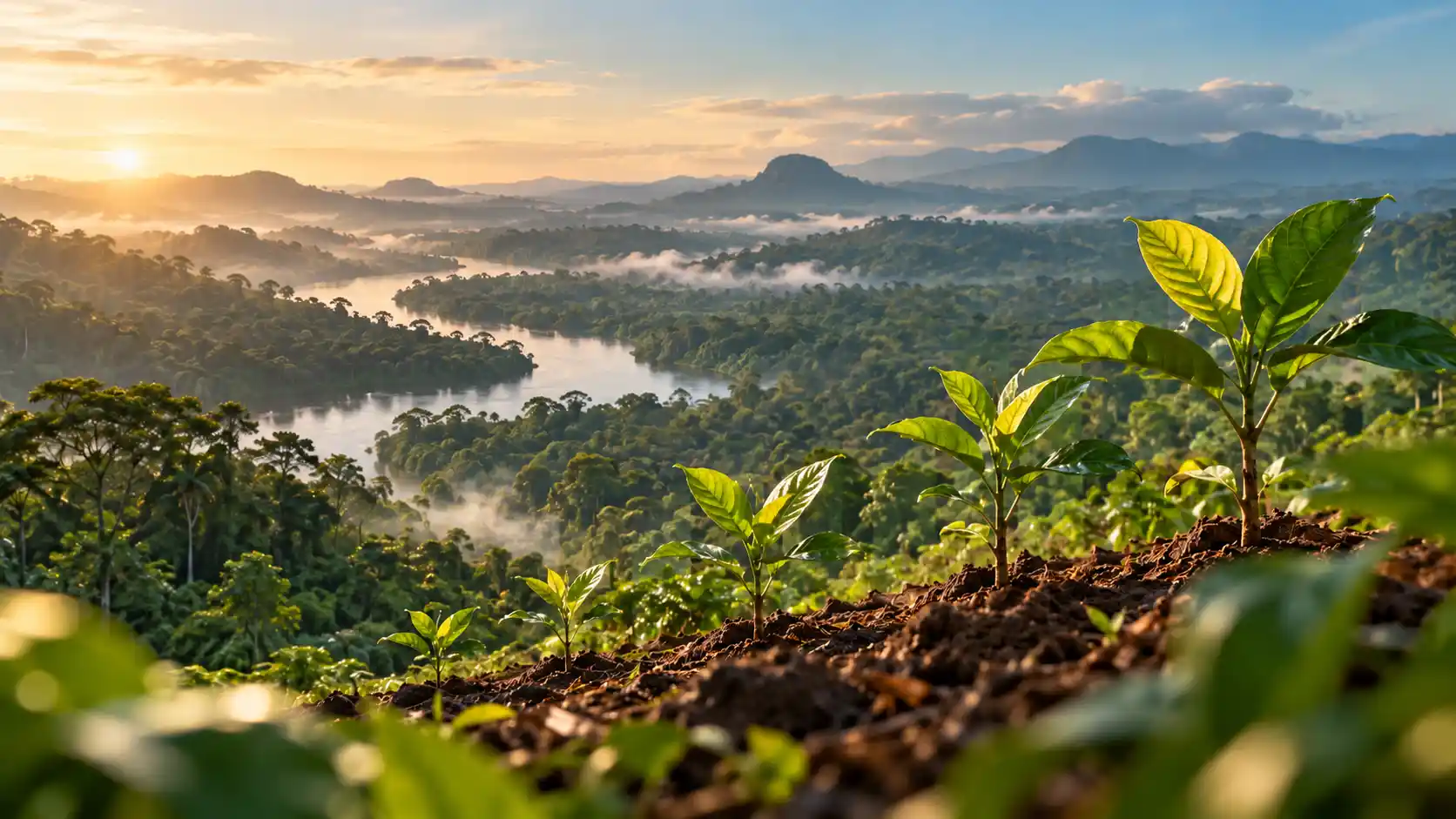 An aerial view of a lush, newly reforested section of the Brazilian Amazon, showcasing large-scale ecosystem restoration and native tree planting.