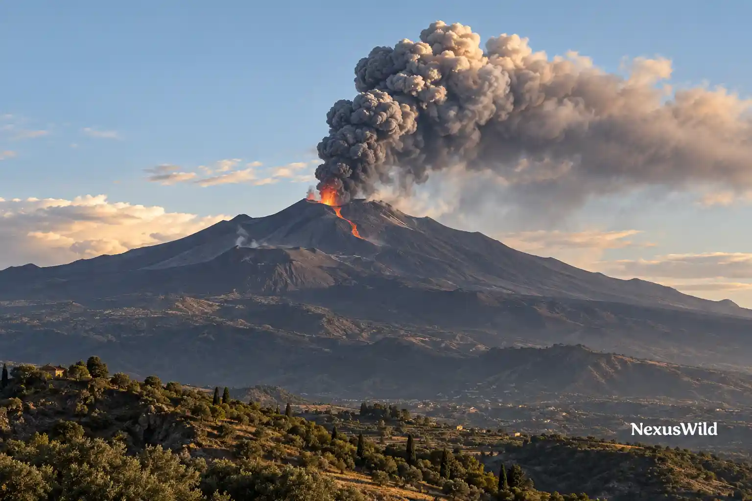 Mount Etna erupting in Sicily with lava and volcanic ash above the summit