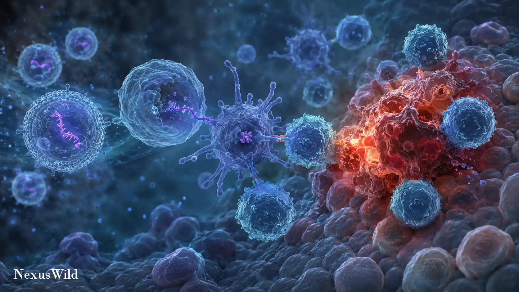 A microscopic view of T-cells attacking a cancer cell.