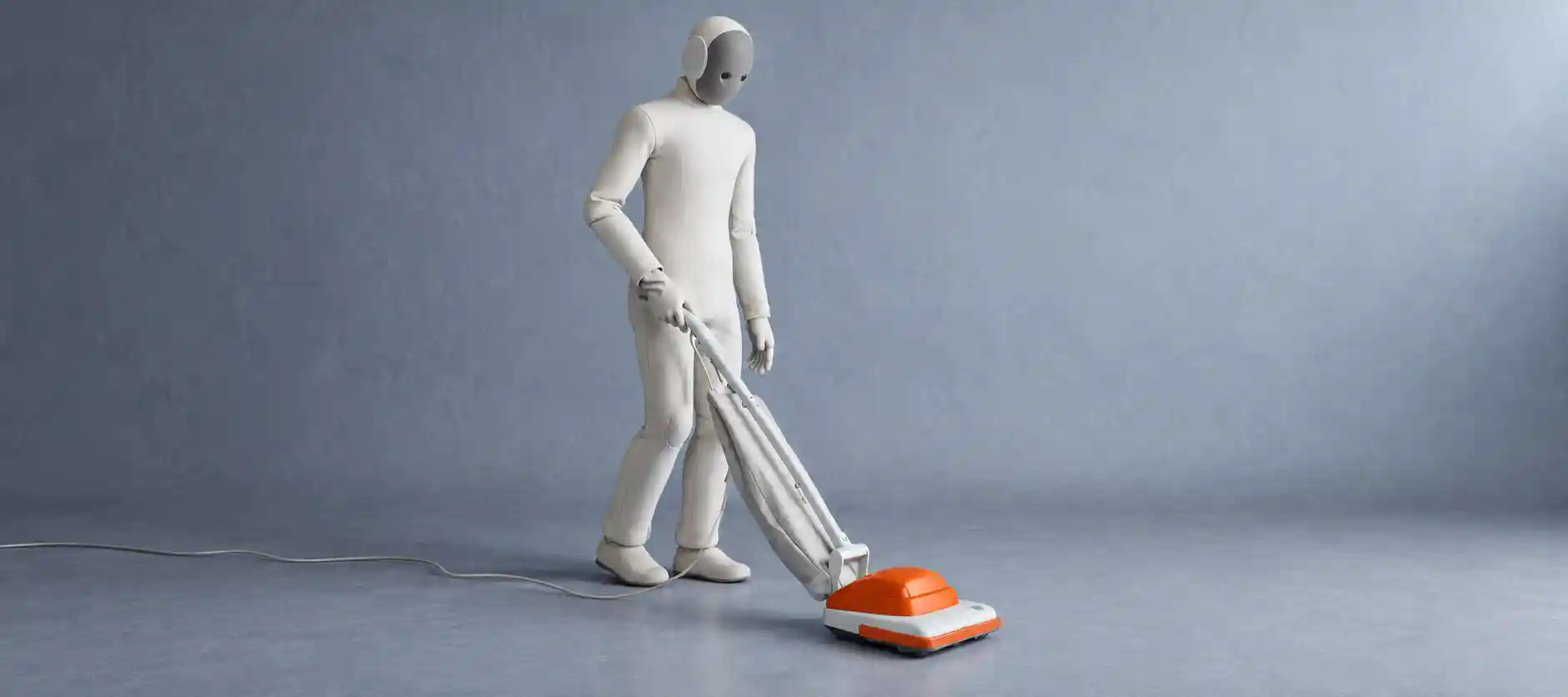 NEO humanoid home robot standing in a modern living room while assisting with household tasks