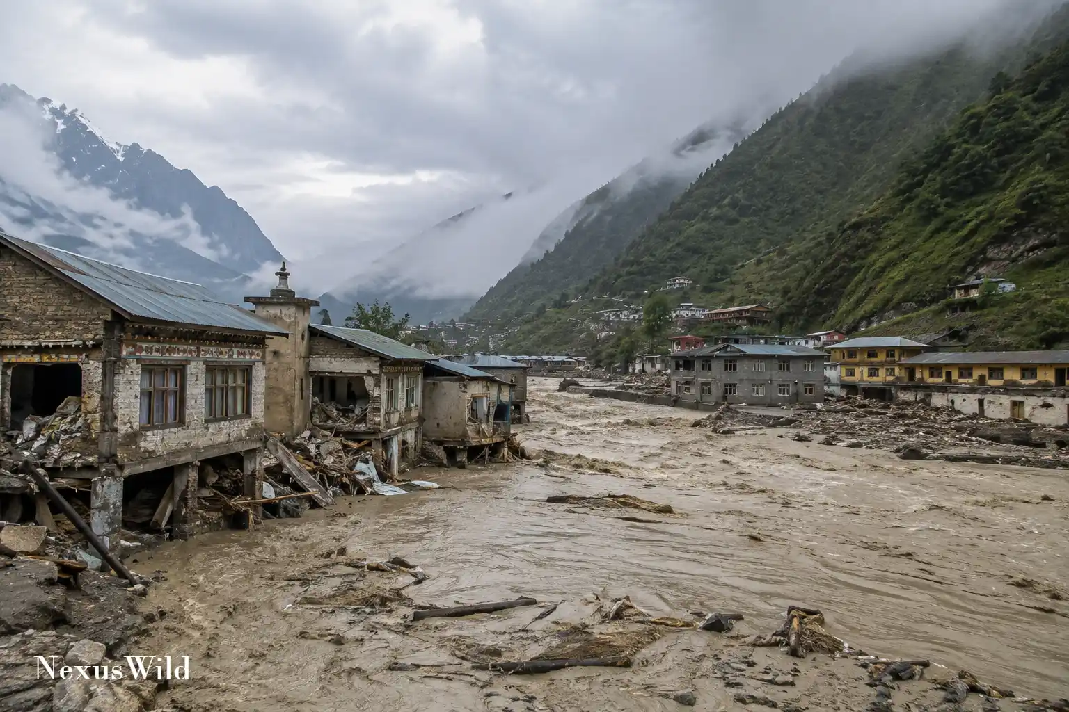 Rescue helicopters flying over a devastated valley filled with mud and debris.