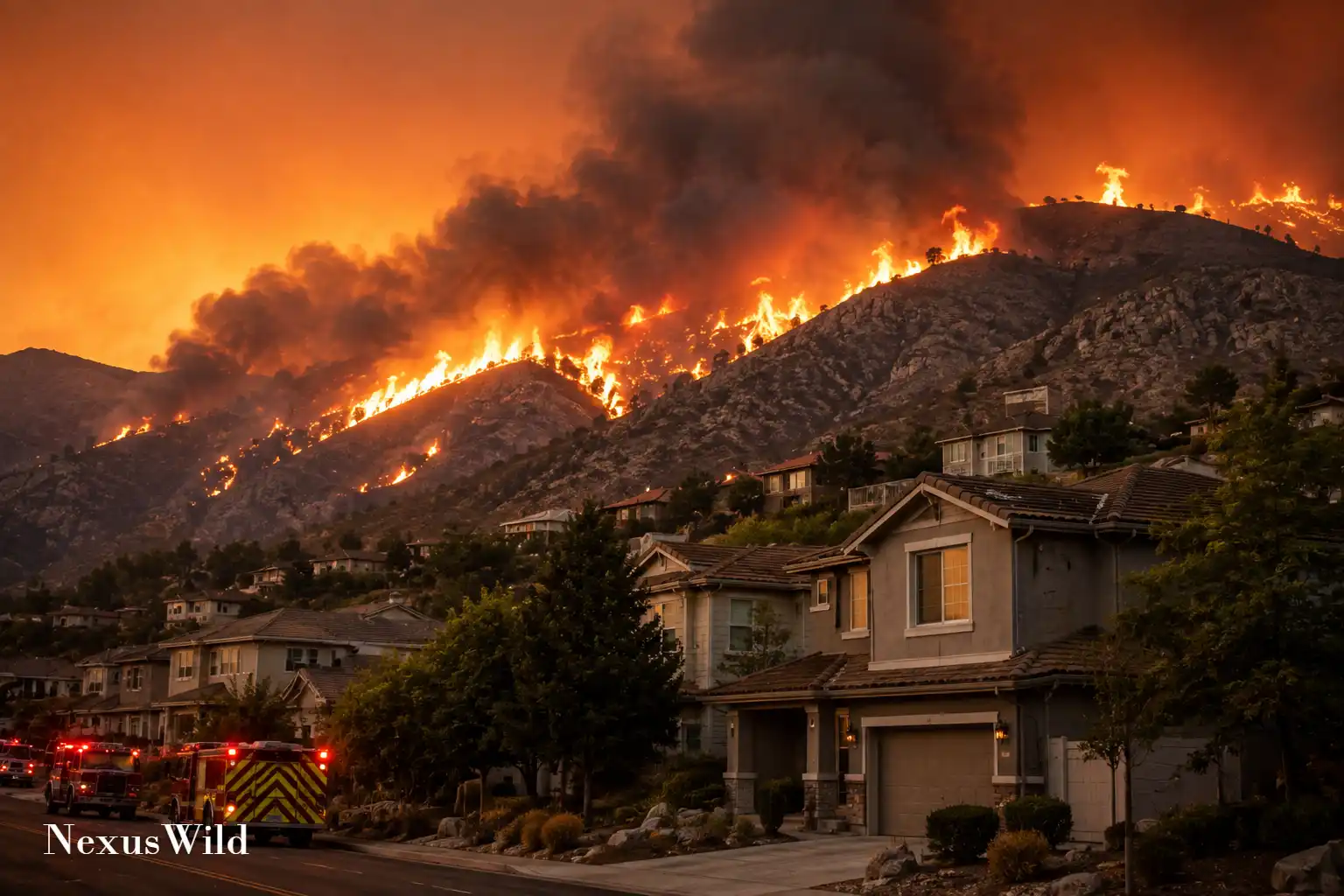 A massive wildfire burning through dry brush near residential areas in Nevada.