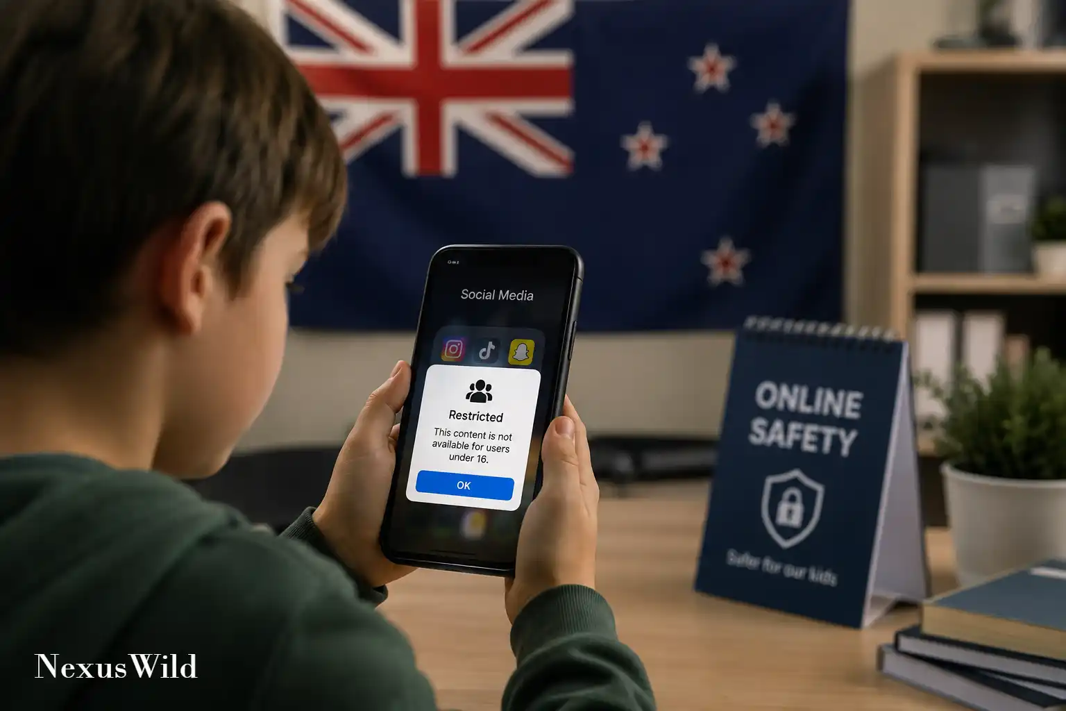 A teenager looking at a smartphone screen with social media icons.