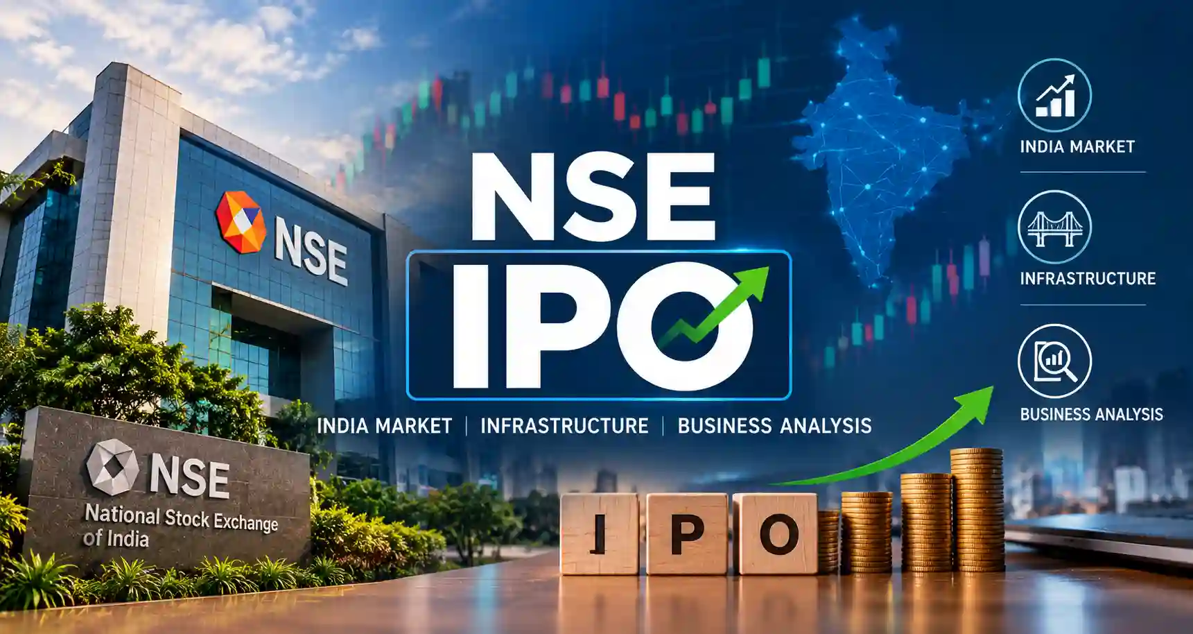 National Stock Exchange building and digital market data screens representing the NSE IPO and India’s capital-market infrastructure