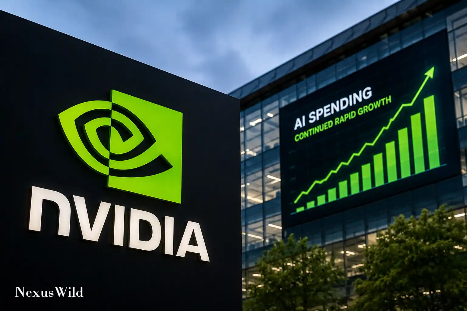 A close-up of an Nvidia GPU processor illuminated with green light.