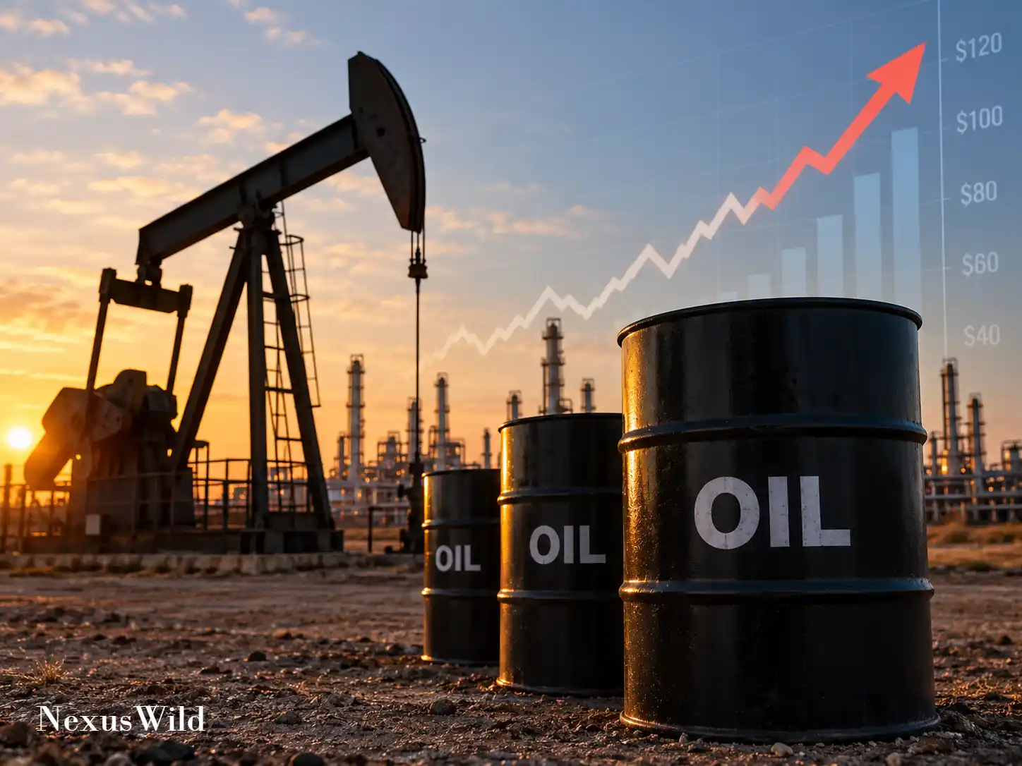 An oil pumpjack silhouetted against a bright sunset.