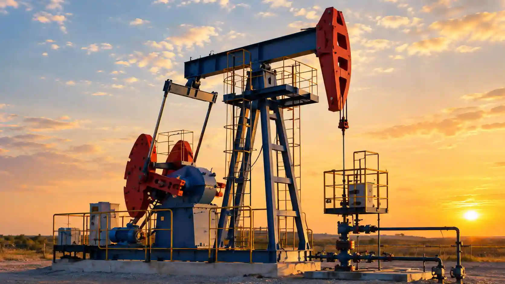 An industrial oil pipeline facility set against a desert landscape at sunset.