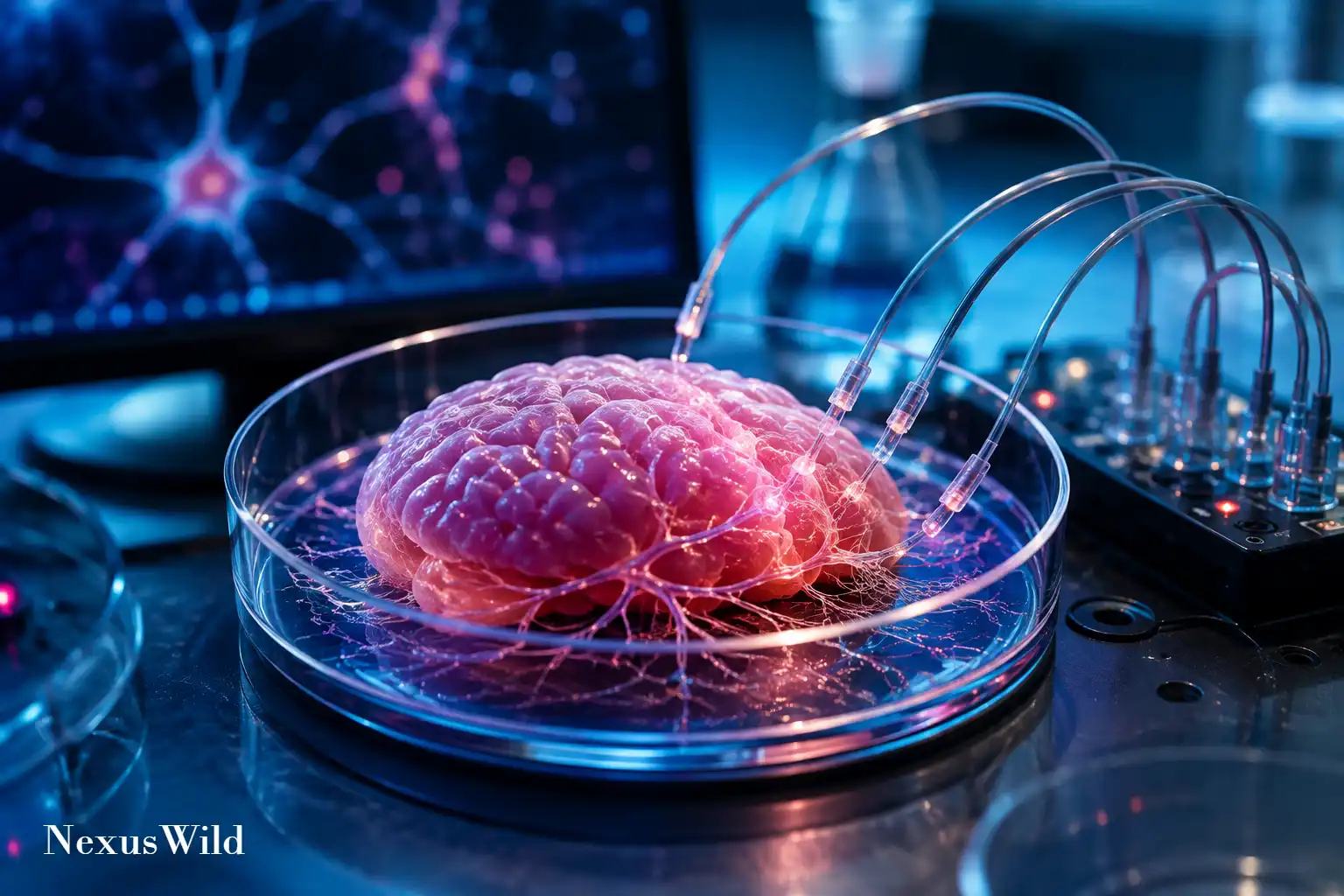 A highly magnified microscopic view of a fluorescently stained neural organoid network connected to microelectrodes.