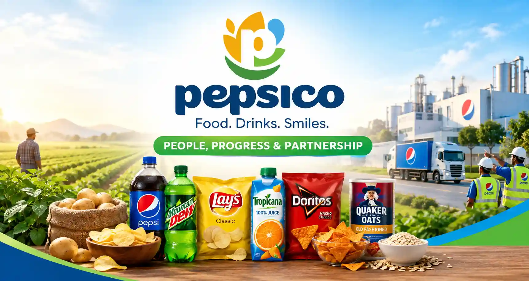 A farmer standing in an agricultural field alongside a PepsiCo corporate representative.