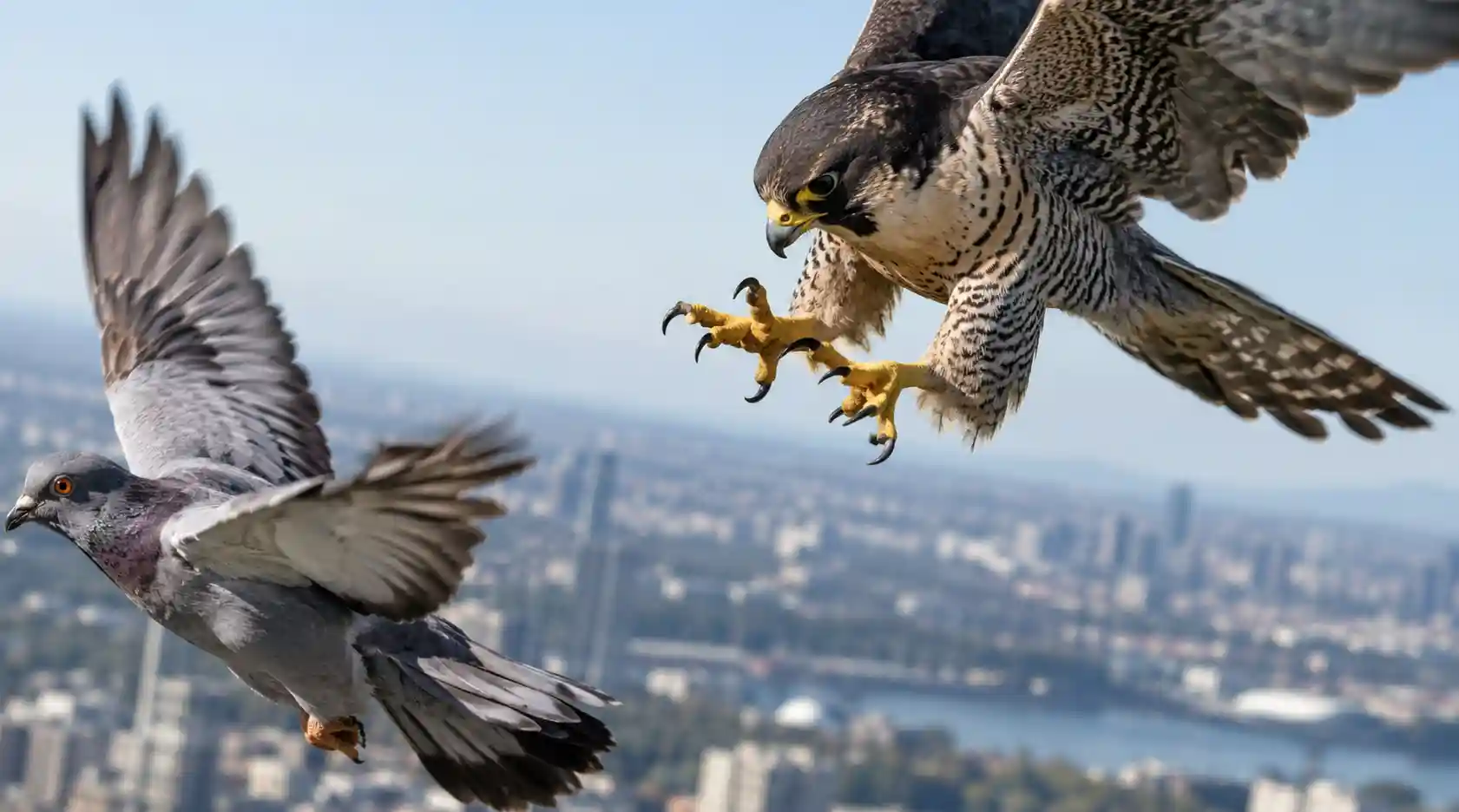 A peregrine falcon in mid-flight with its wings spread wide.