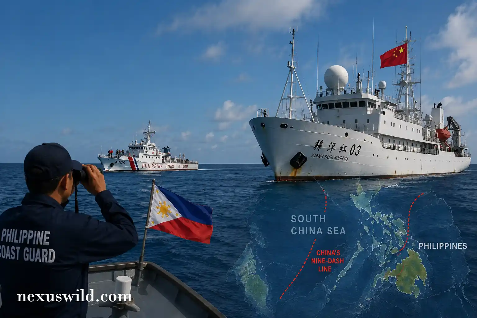 Philippine Coast Guard confronting Chinese research vessel in disputed waters