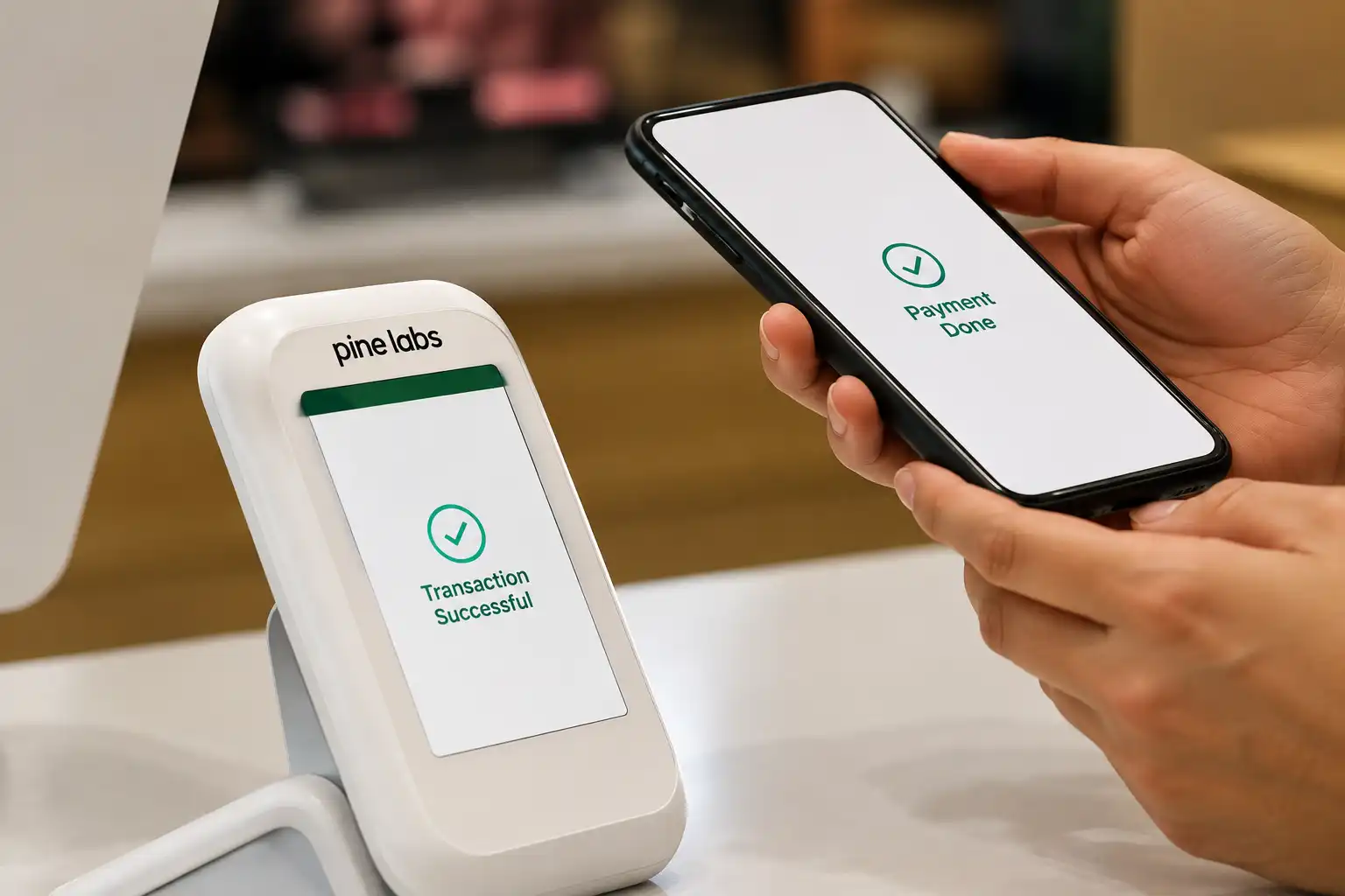 A modern point-of-sale digital terminal next to a smartphone showing an online payment gateway interface.