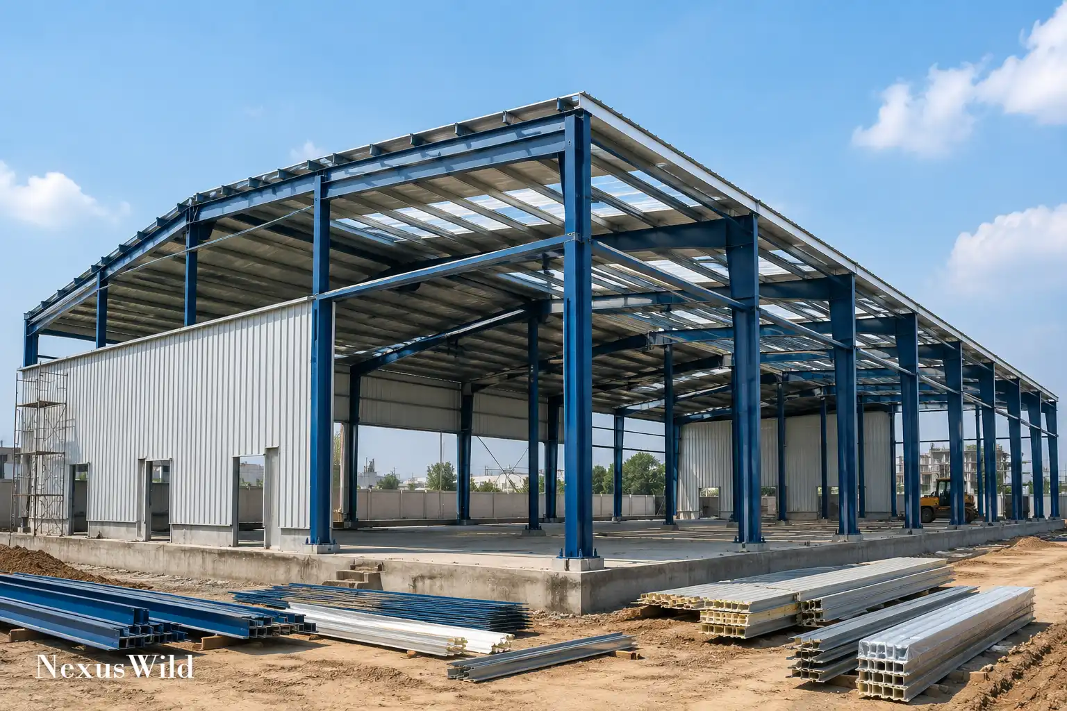 Large pre-engineered steel industrial building under construction in India