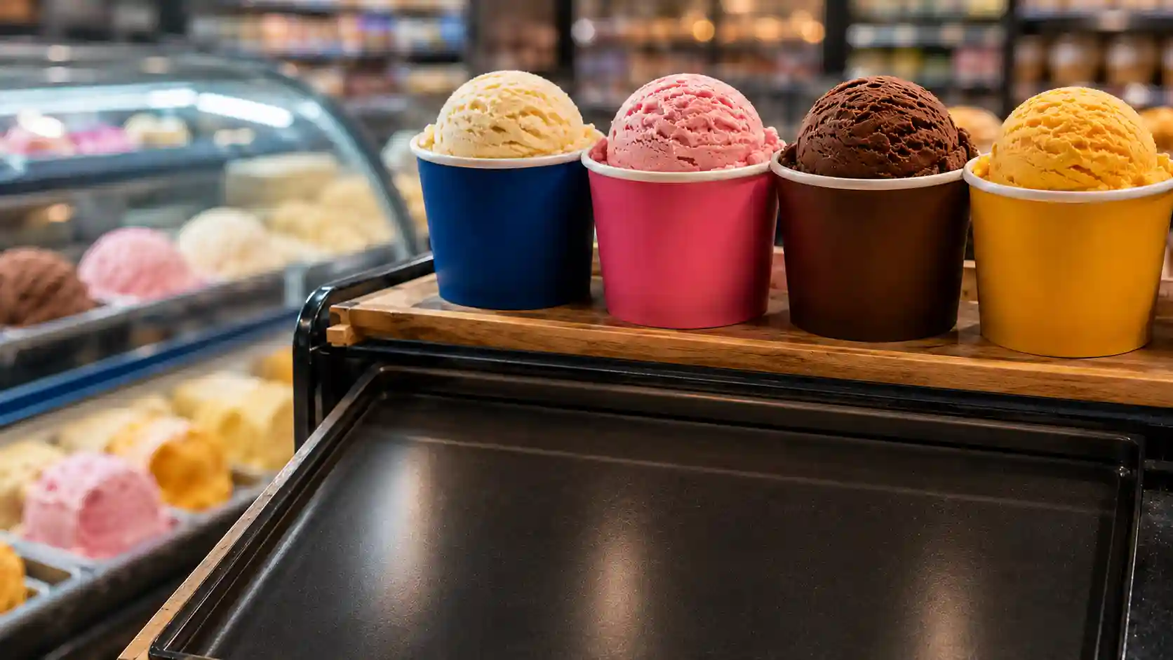 A display of Bombay Creamery ice cream products in a freezer.