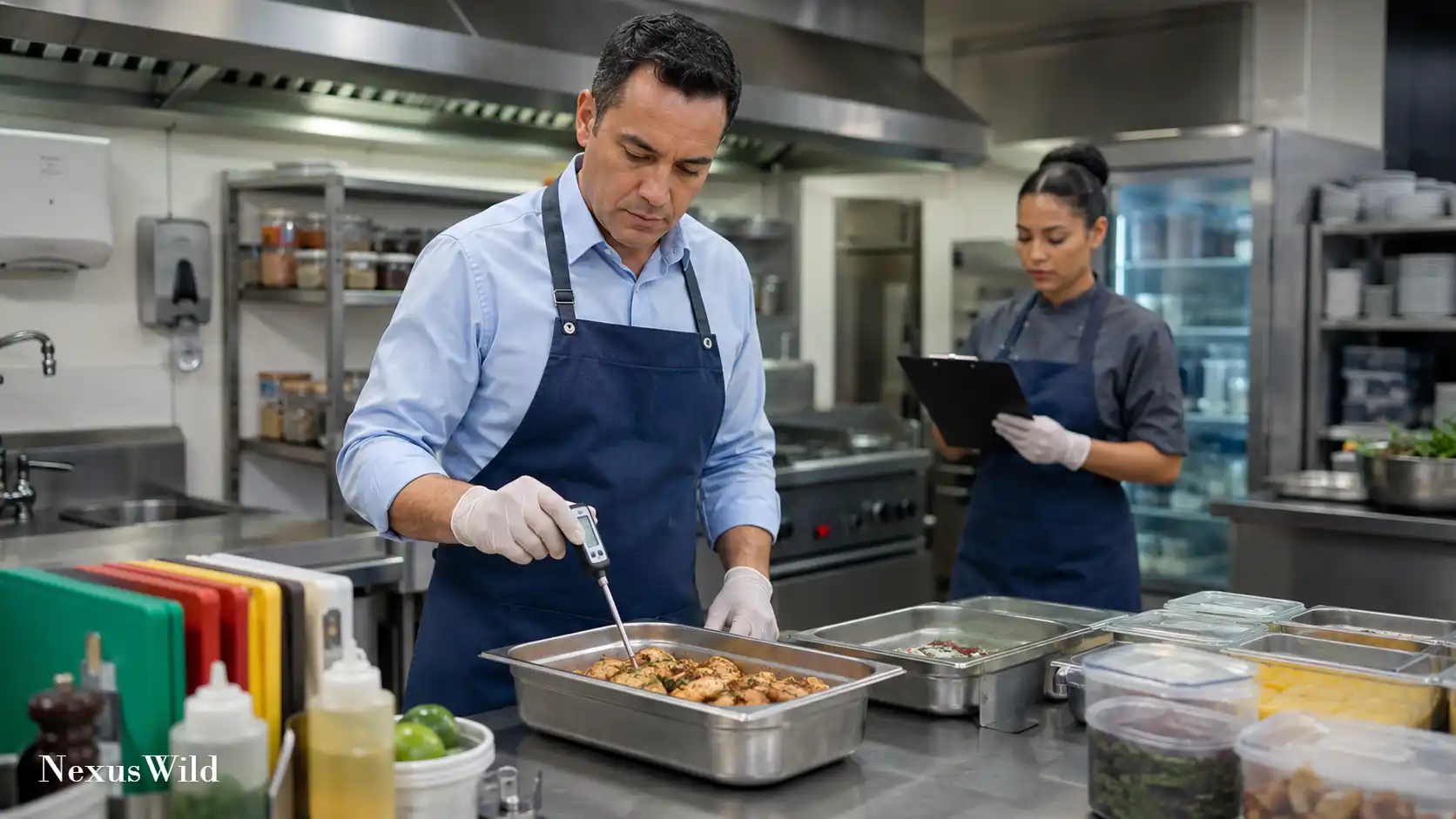 A chef using a digital probe thermometer to check the temperature of food in a commercial kitchen.