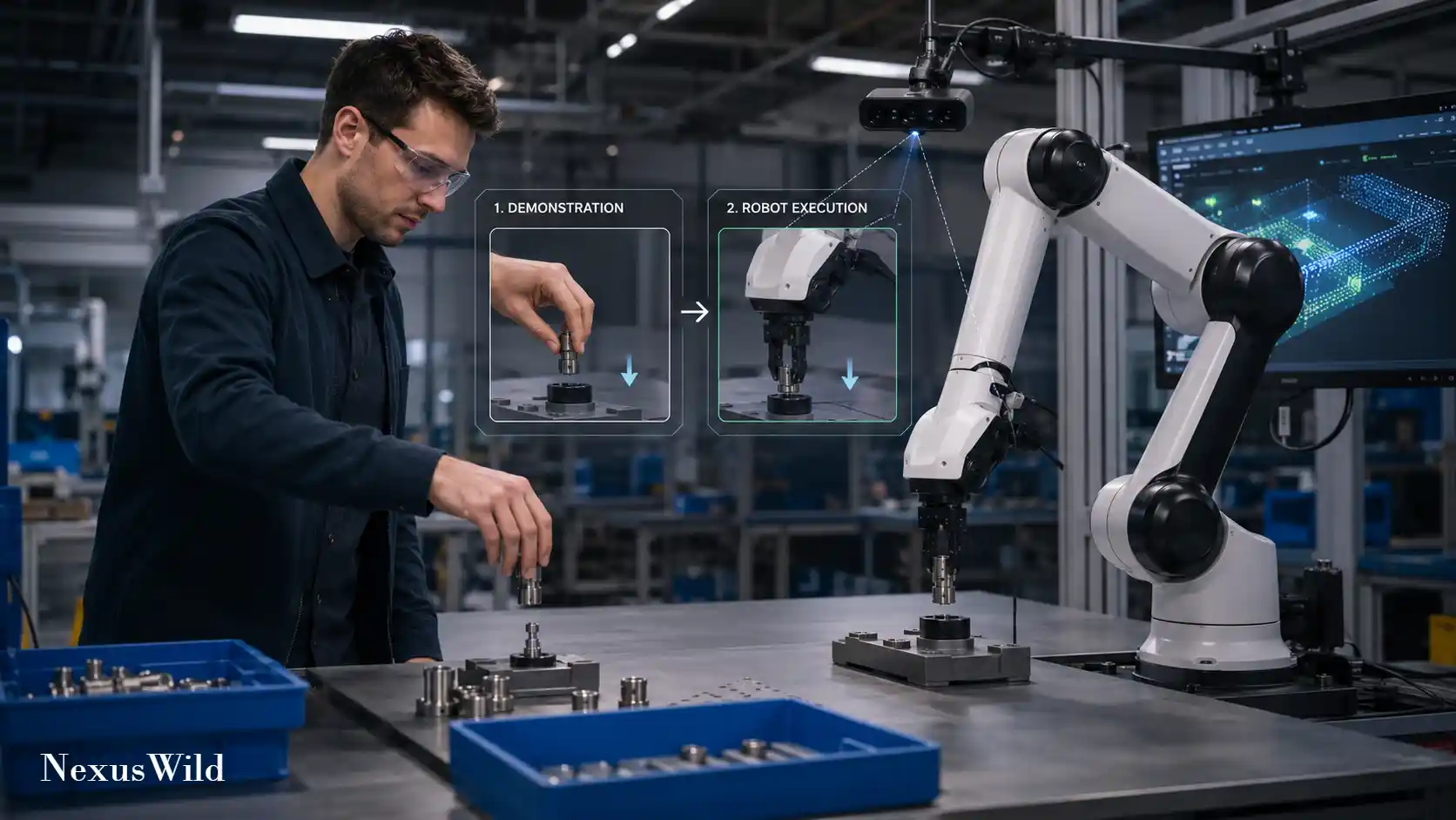 A dual-arm robotic system performing a precise physical manipulation task on a lab bench.
