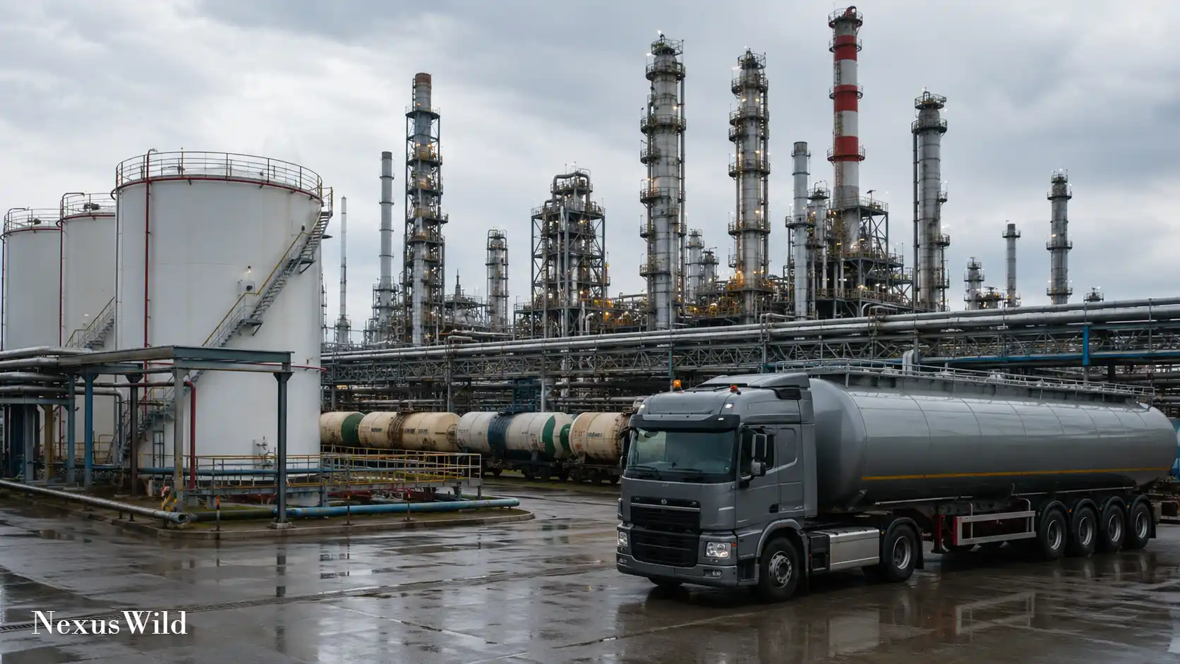 Industrial pipelines and infrastructure at a Russian oil refinery.