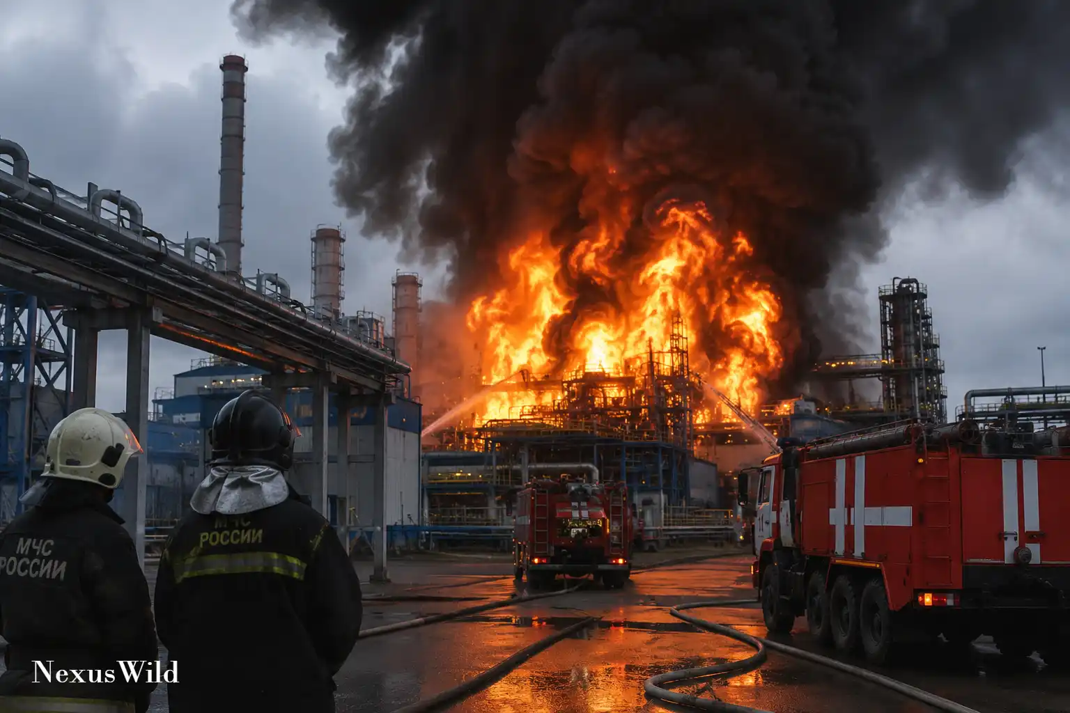 Plumes of smoke rising from an industrial gas chemical complex facility.