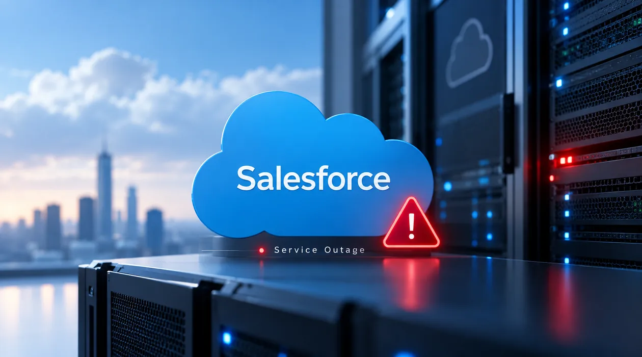 Cloud infrastructure and enterprise software dashboard representing a Salesforce Core service outage and global recovery