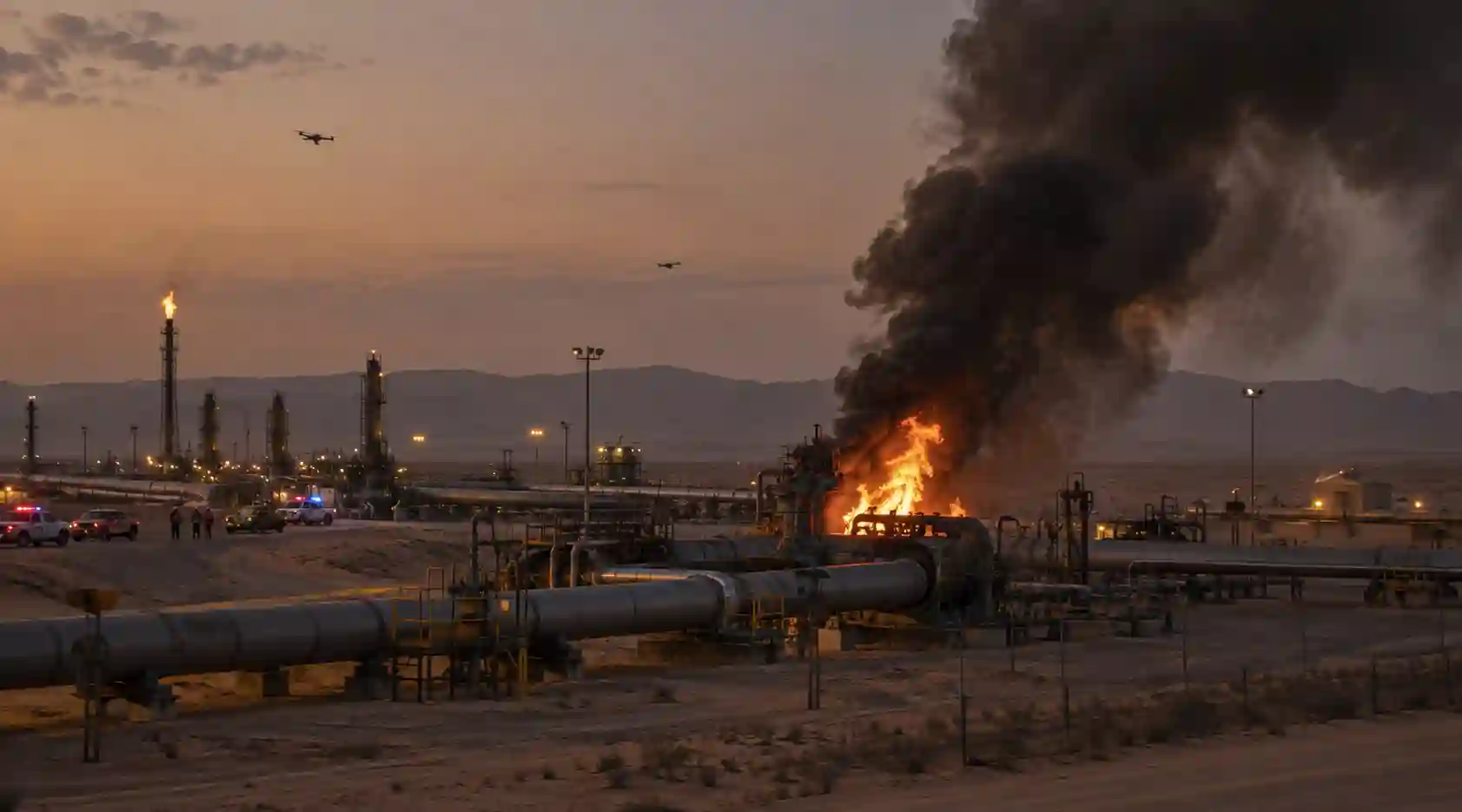 Large rusty oil pipeline tubes running across a desert landscape toward a distant facility.