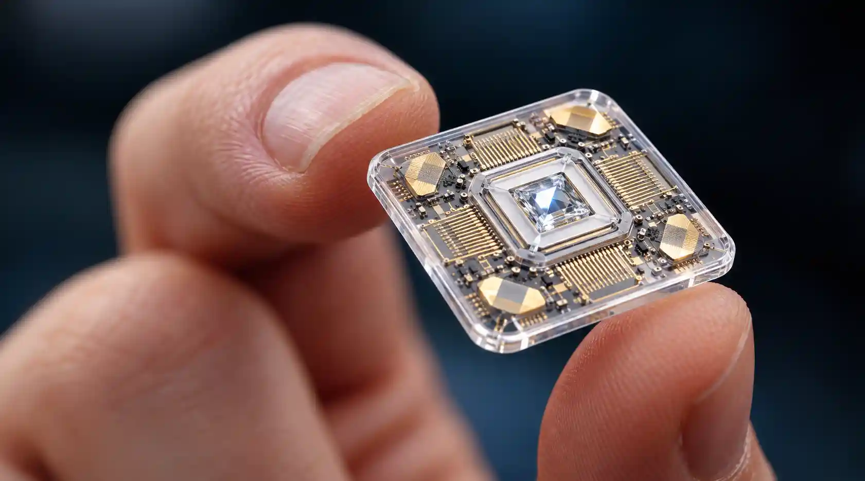 A visualization of a quantum computing core enclosed in a highly specialized, futuristic hardware setup.
