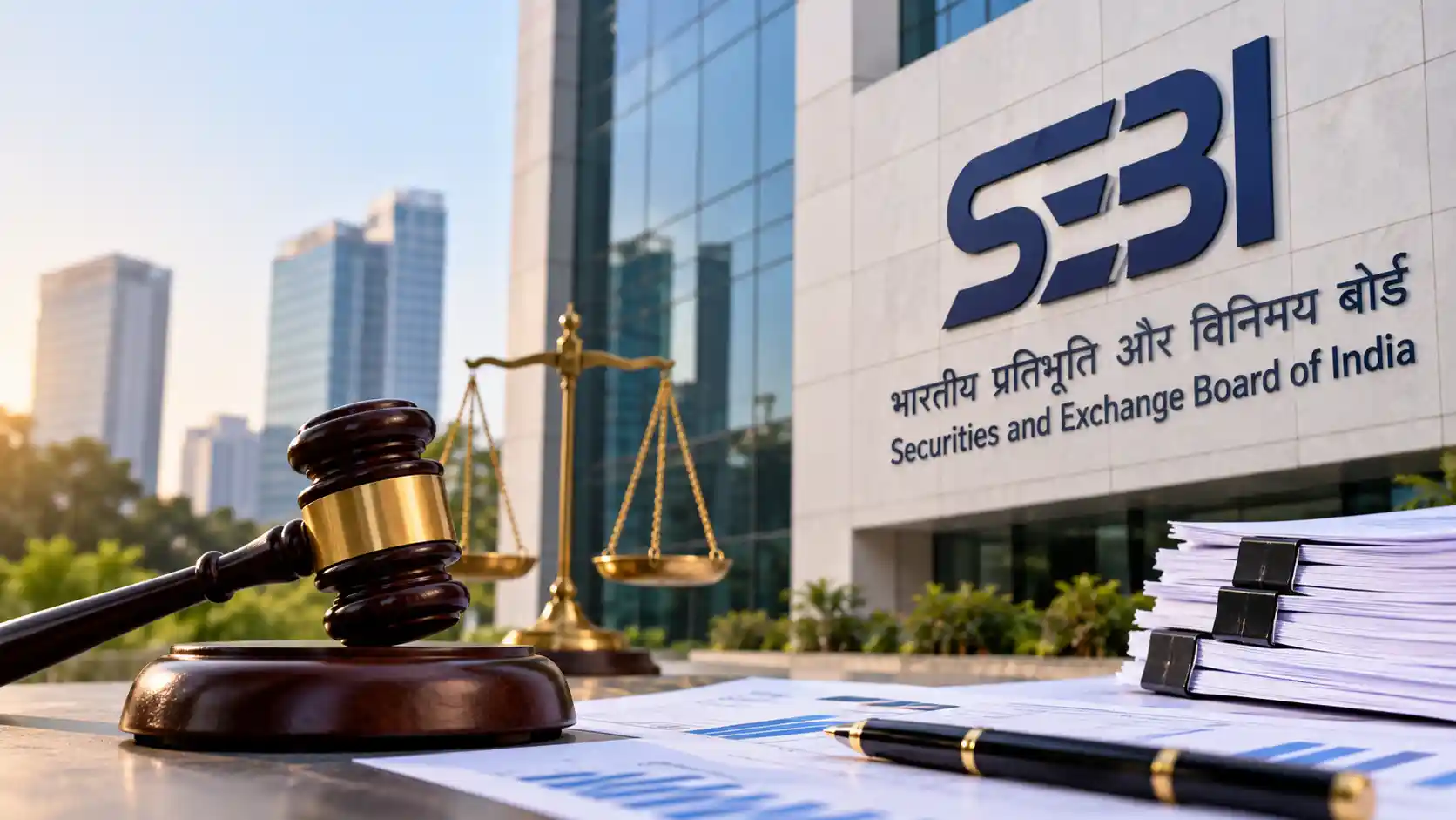 SEBI headquarters and Indian capital-market documents representing new settlement rules for corporate fund-diversion and financial-misstatement cases