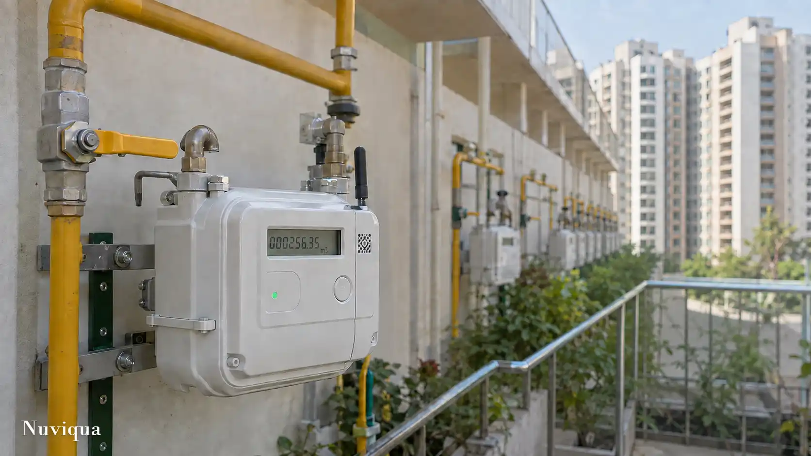 A residential natural gas meter attached to outdoor pipework.