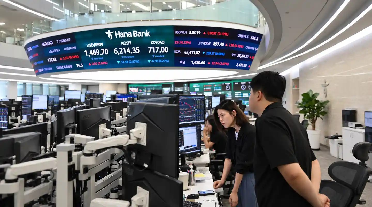 Seoul financial district with Korean stock market data screens and semiconductor technology representing the KOSPI AI-driven market cycle