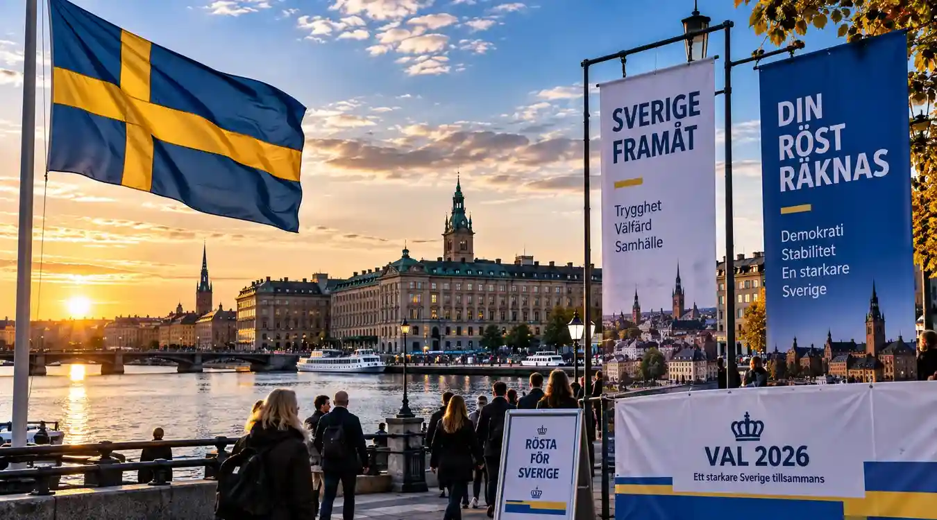 Swedish flags flying against a blue sky outside the Riksdag building in Stockholm.