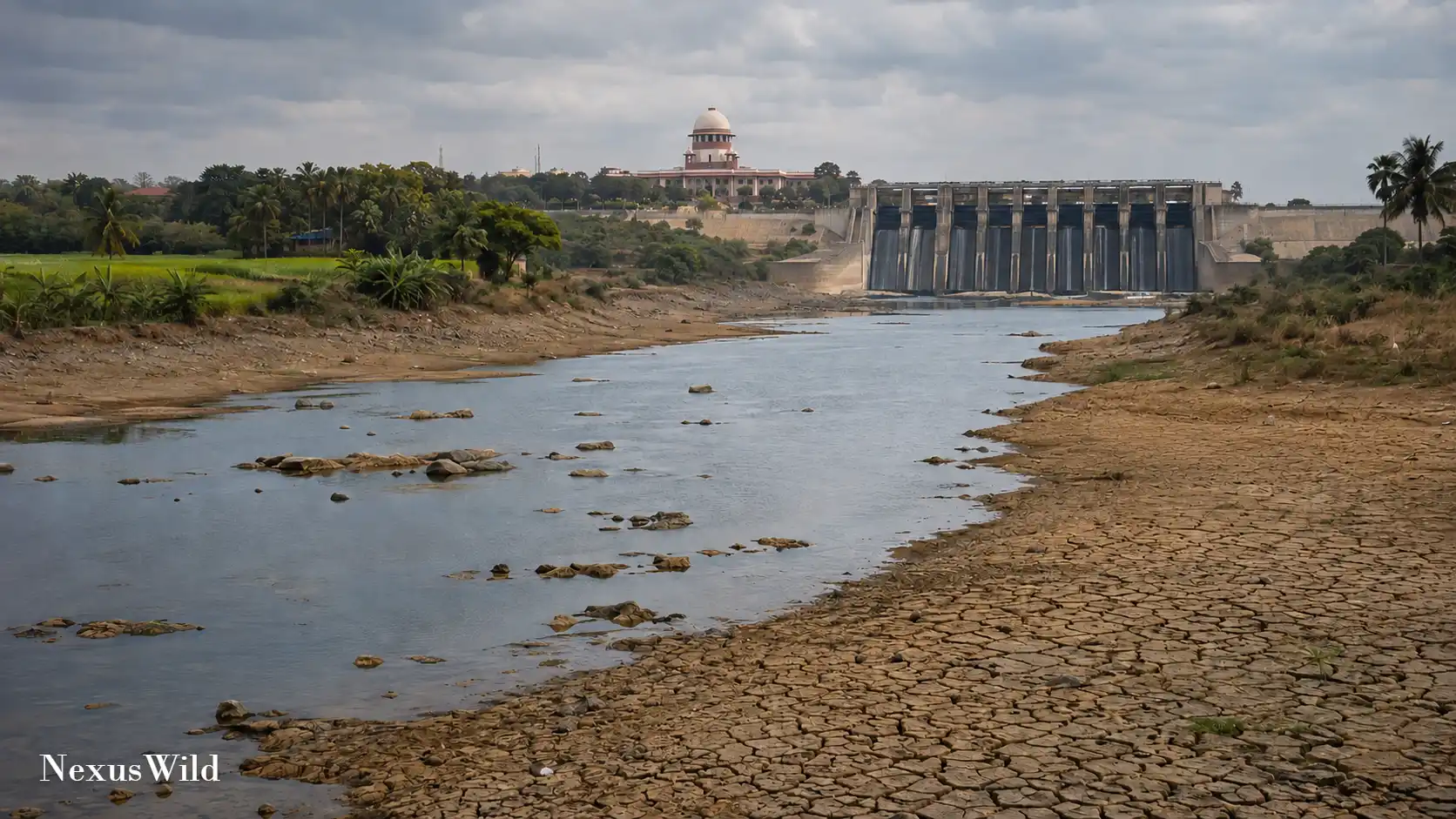 Water being released from a dam sluice gate on the Cauvery river.