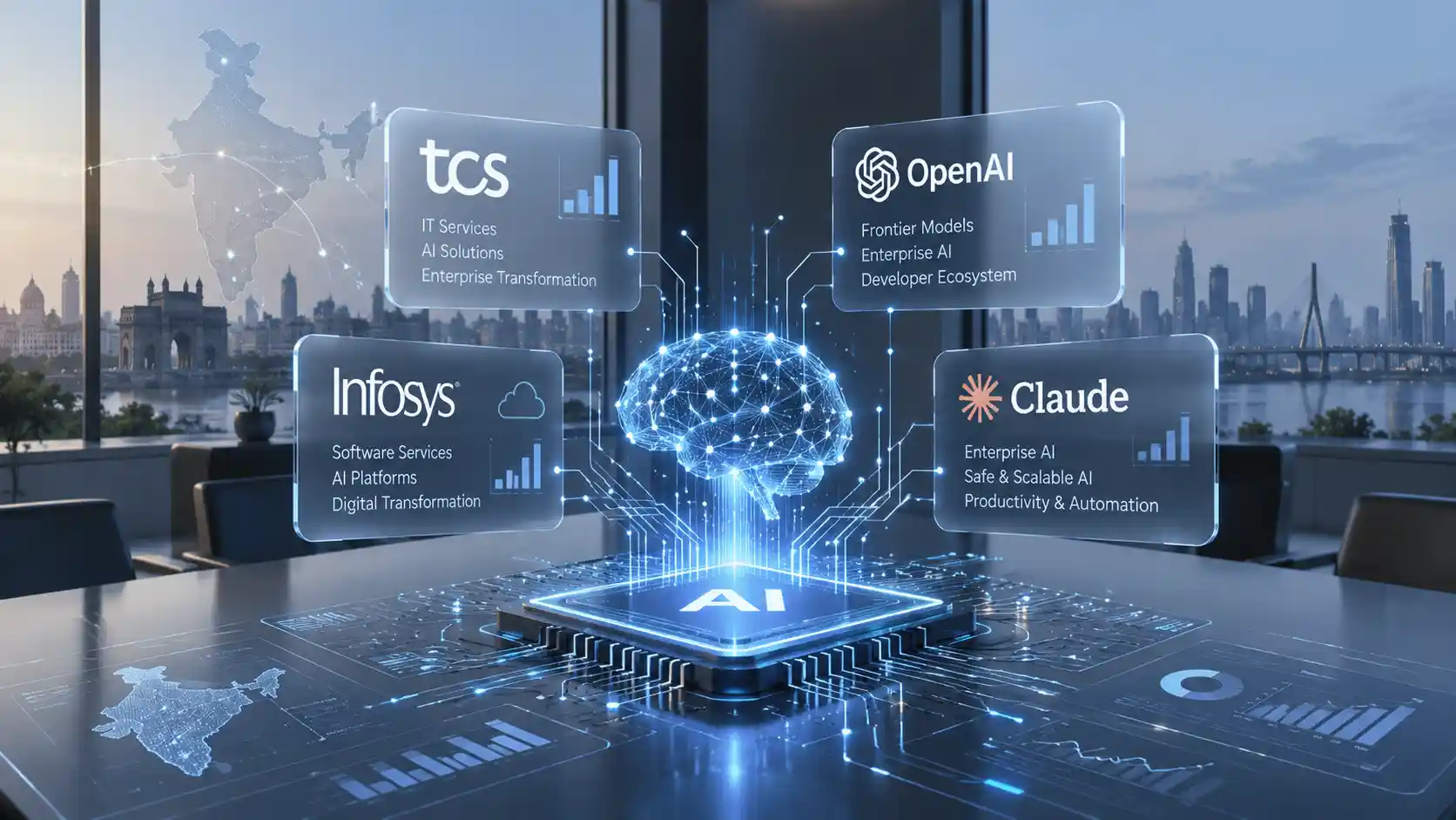 Indian IT enterprise AI ecosystem connecting TCS Infosys Wipro HCLTech and Tech Mahindra with OpenAI Claude Gemini and AI infrastructure