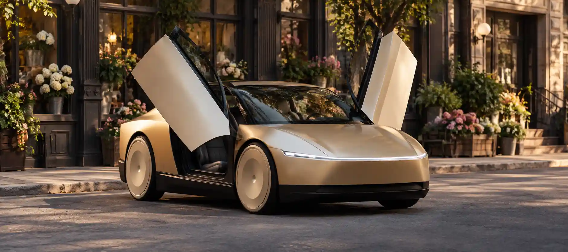 A futuristic Tesla Cybercab with no steering wheel picking up a passenger.