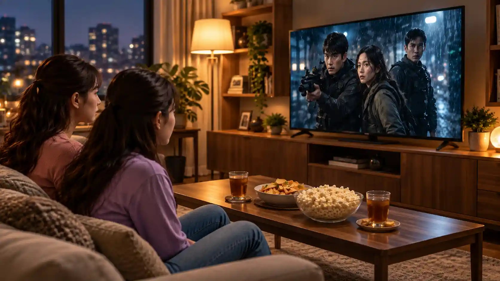 A Thai family enjoying a movie on a smart TV in their living room, illustrating the growth of the home streaming market in Thailand.
