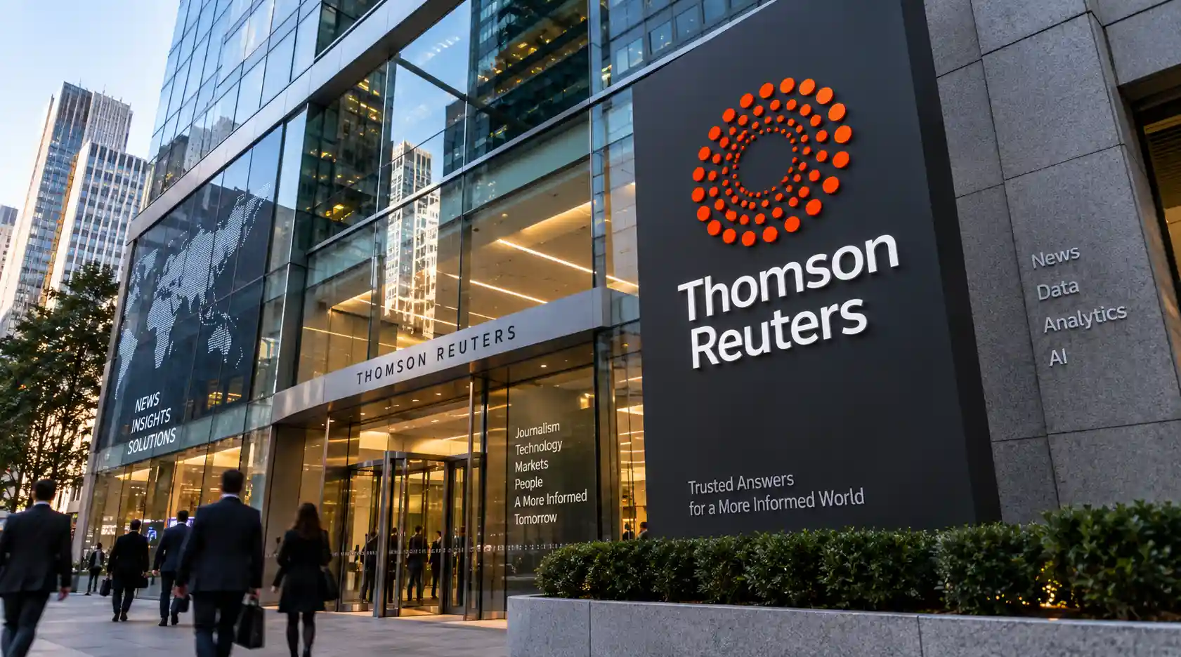 The Thomson Reuters corporate logo displayed on a modern office building.