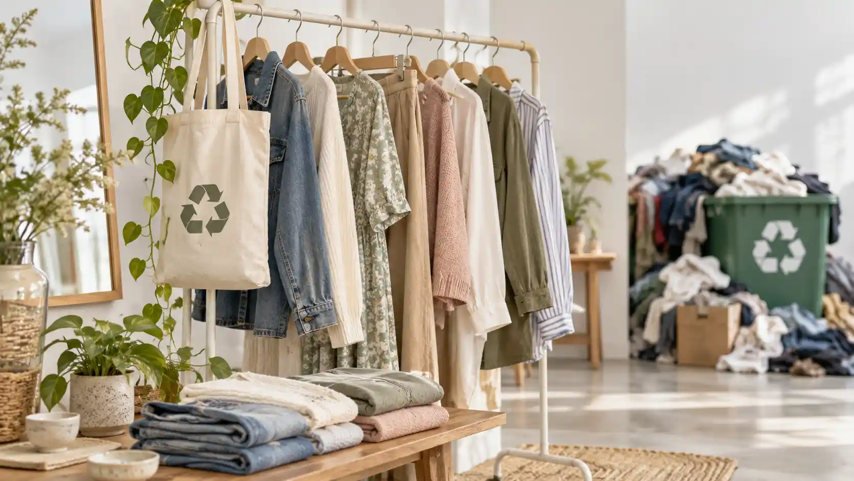Shoppers browsing a curated rack of second-hand clothing in a bright, modern thrift store, representing the rise of circular fashion.