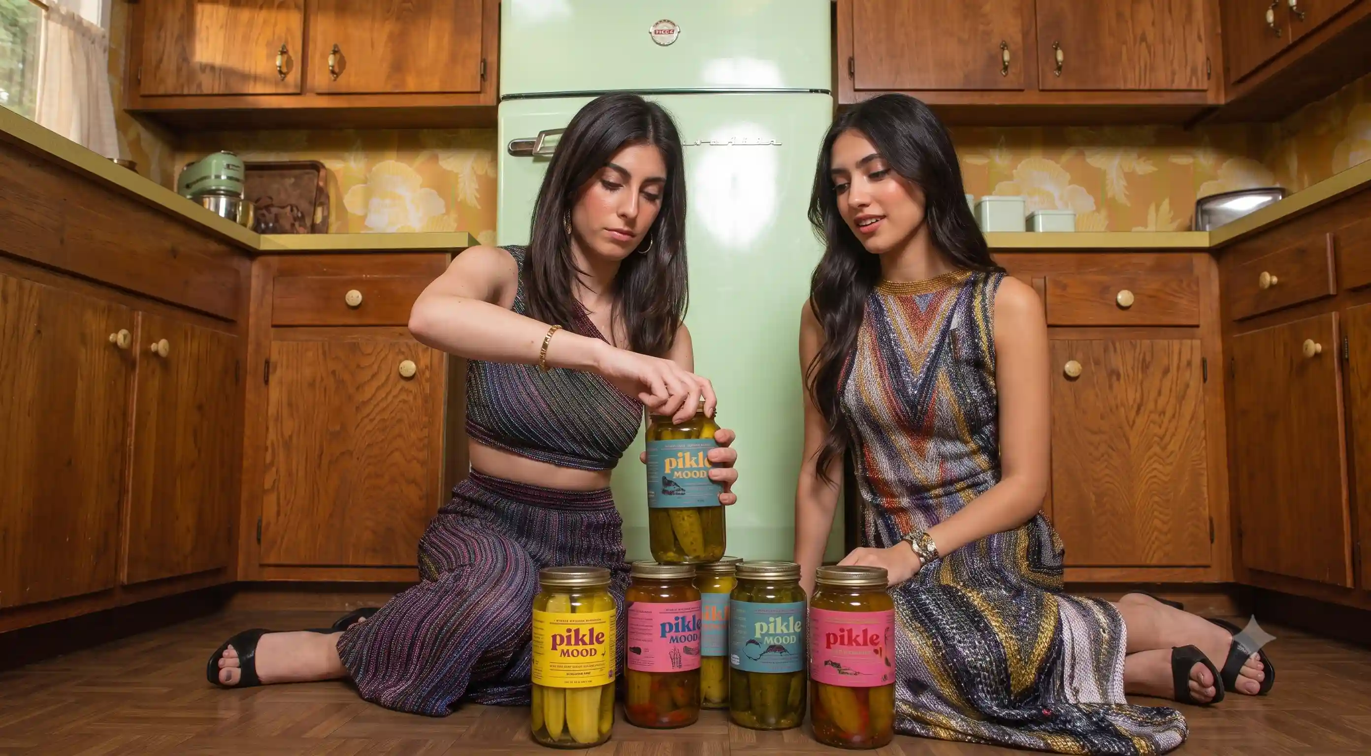 Two young female founders holding jars of Hot Girl Pickles in a vibrant, Gen Z-focused retail display.