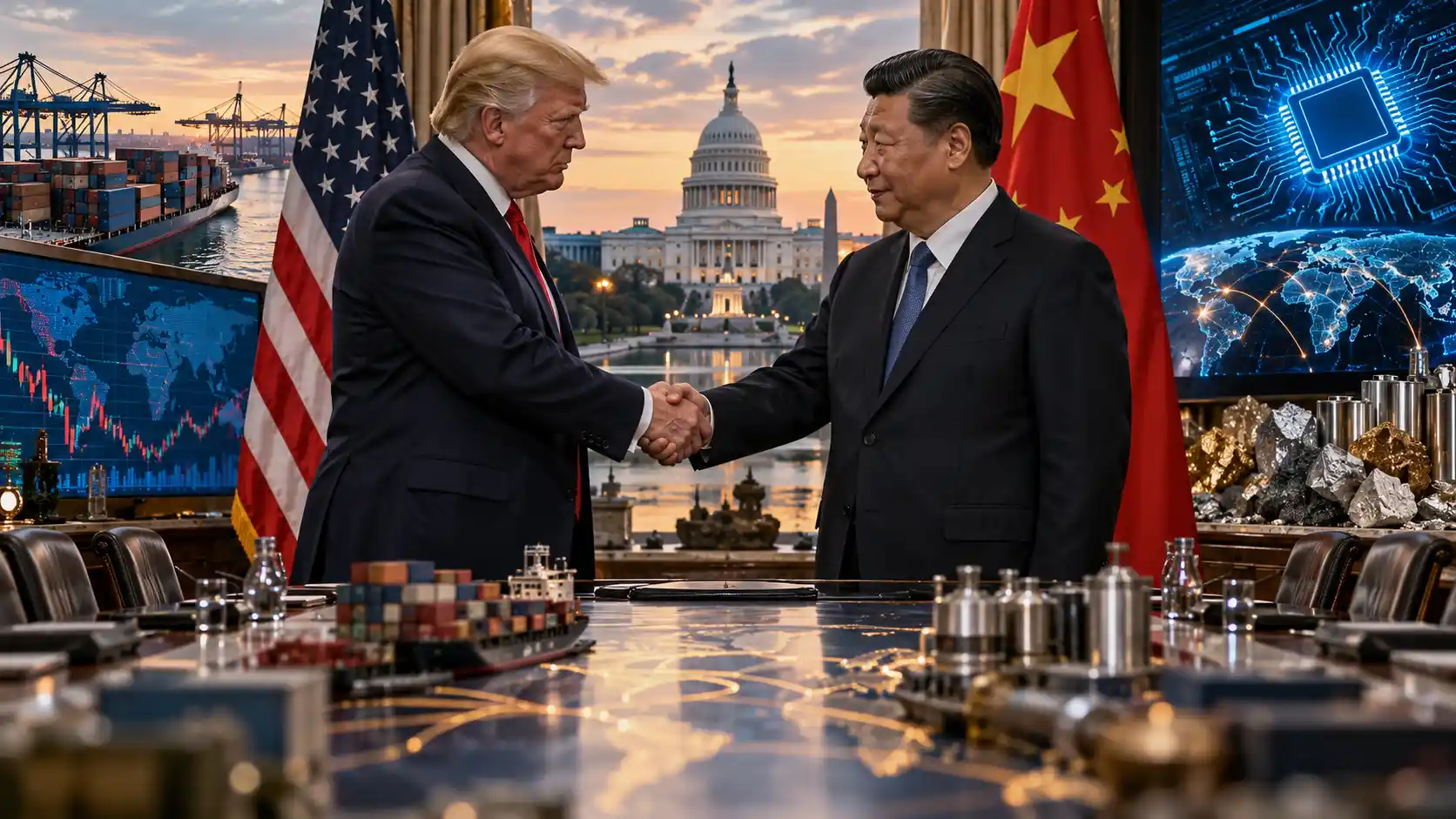 Donald Trump and Xi Jinping meeting in Washington with visual references to semiconductors, agriculture, aircraft and critical minerals