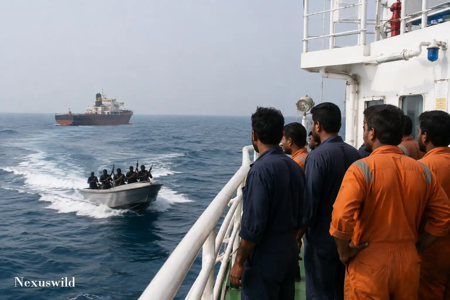 A commercial cargo ship sailing through the Gulf of Aden waters.