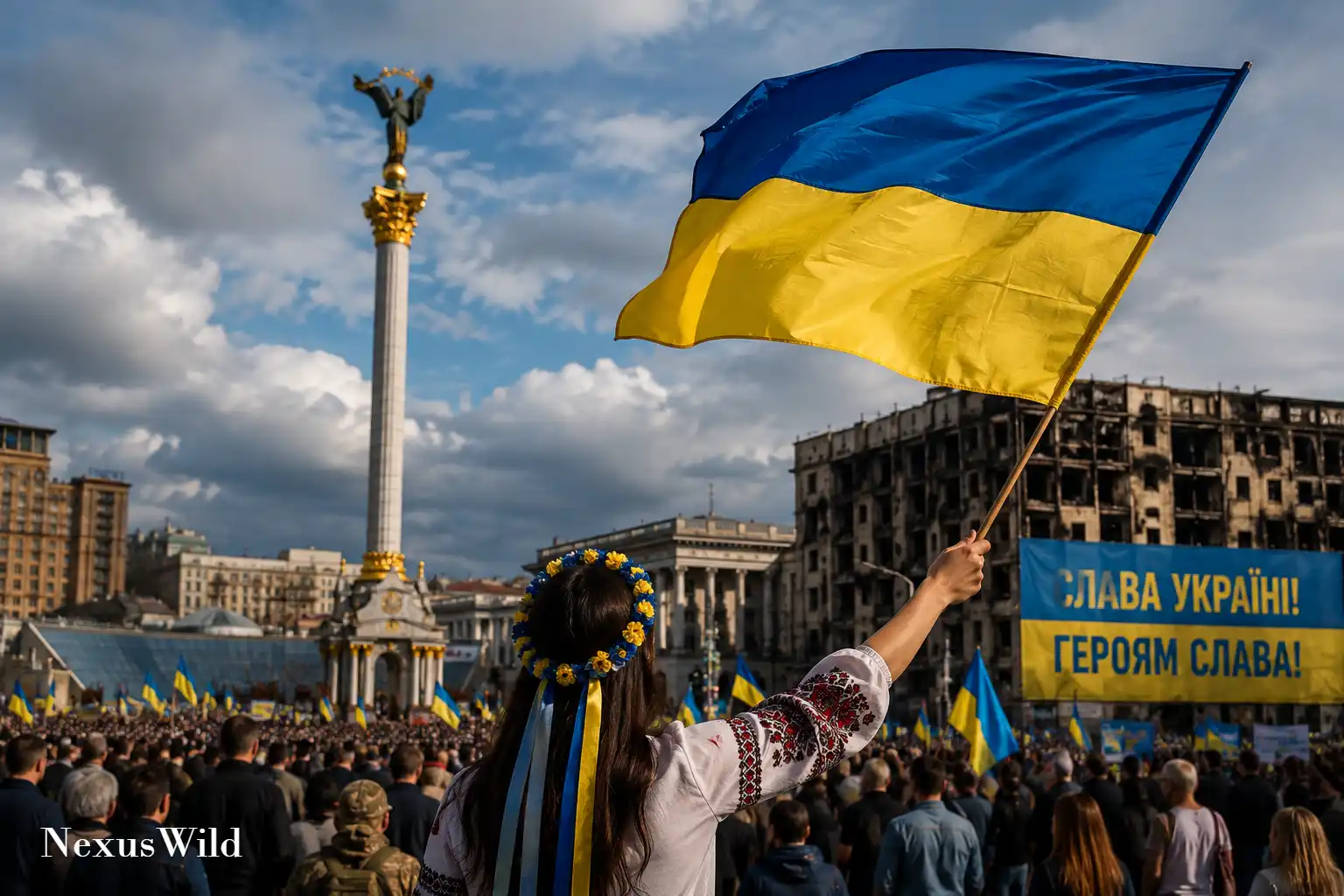 Ukrainian flags flying in Kyiv as the country marks its 35th Independence Day.