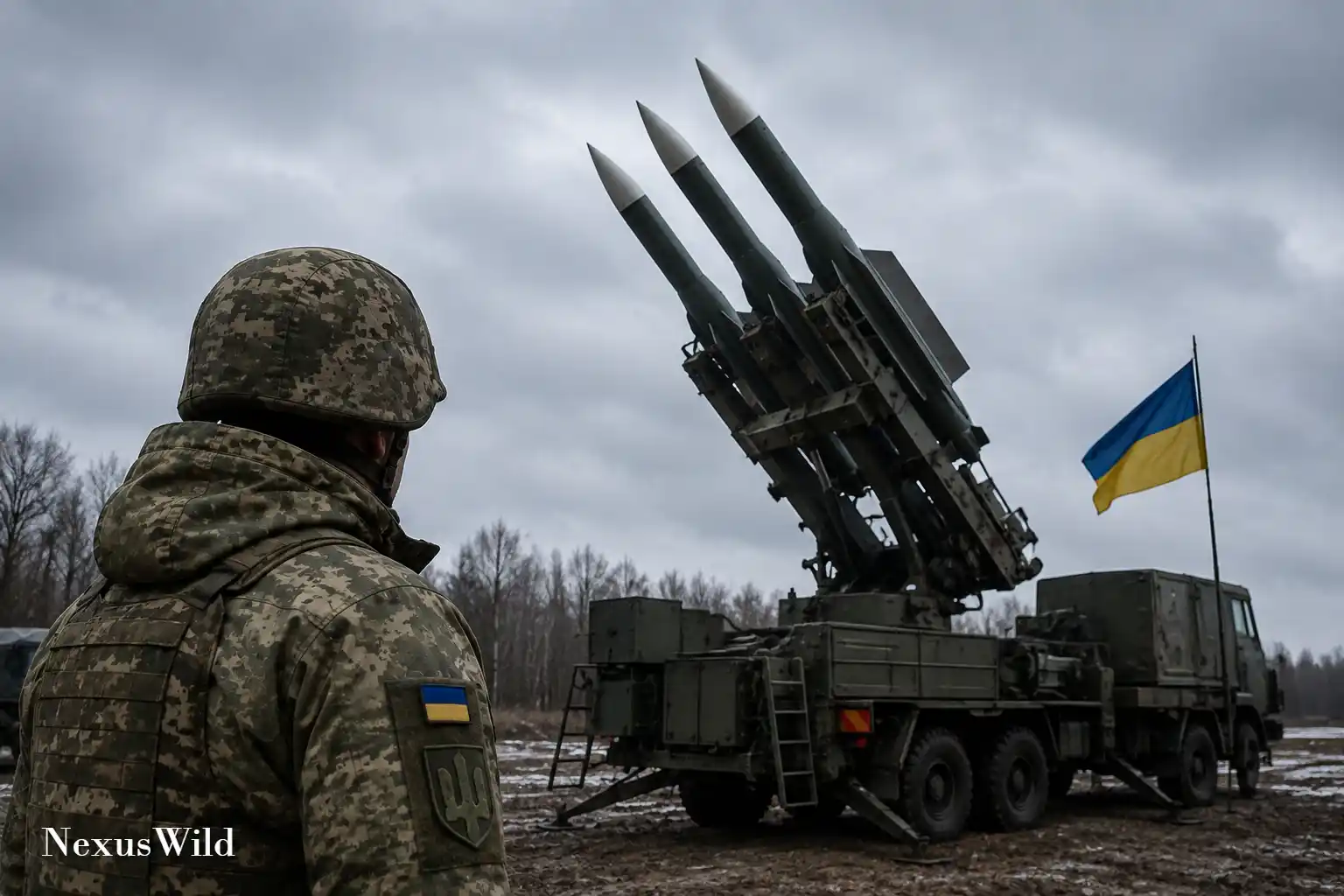 A Patriot missile defense system launcher positioned in a field.