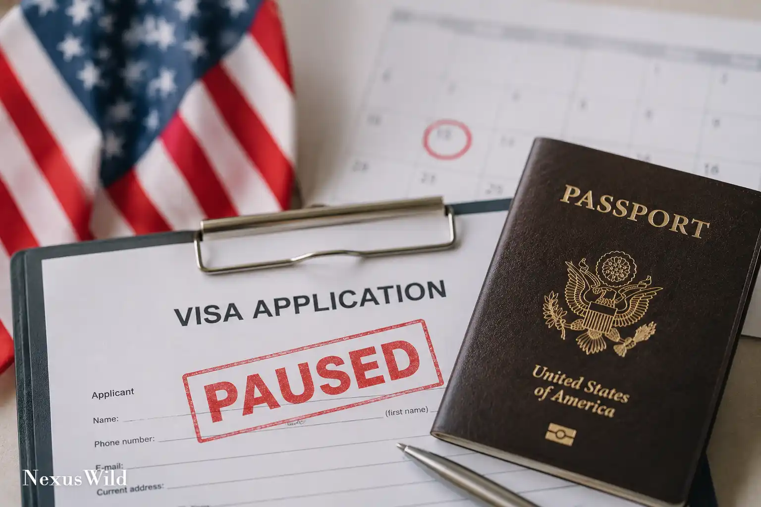 A close-up view of a United States visa stamp inside a passport.